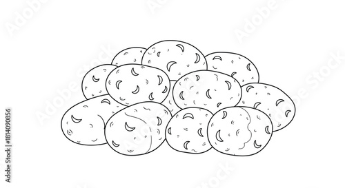 A simple, black and white line art drawing of a large pile of raw, whole potatoes with eye details, suitable for coloring.