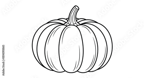 A simple black and white outline drawing of a classic pumpkin, perfect for coloring or as a decorative element for autumn and Halloween projects.
