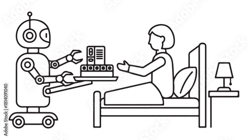 Simple Outline Robot Serving Medication to Patient in Bed