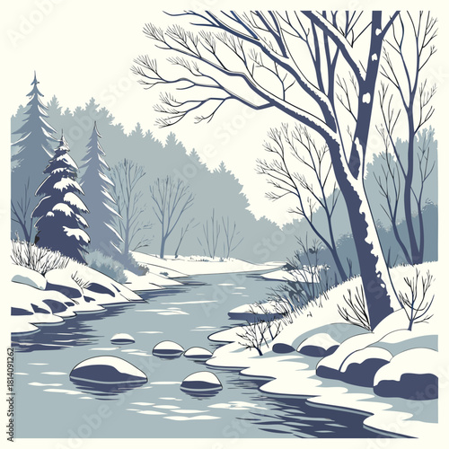 Landscape river winter seasonal view water snow forest