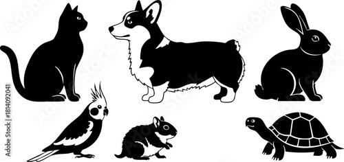 Silhouettes of common pets cat dog rabbit bird hamster turtle vector illustration