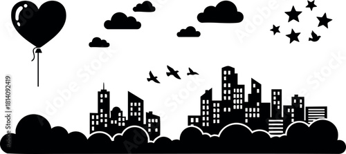 City skyline silhouette with heart balloon birds stars clouds urban landscape illustration vector