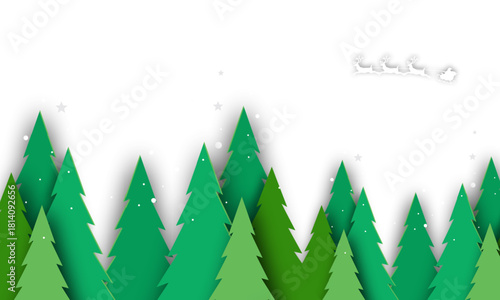 Stylized papercraft winter landscape with layered green pine trees, falling snow, and Santa's sleigh.