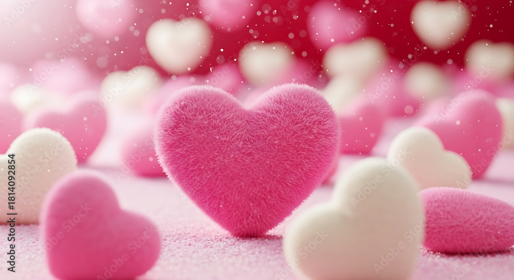 Fototapeta premium Close up of fluffy pink and white heart shapes scattered on a textured surface with soft bokeh background