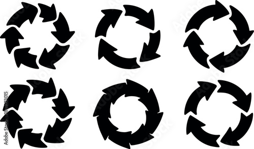 Circular arrow icons set recycling symbol black silhouette vector design collection