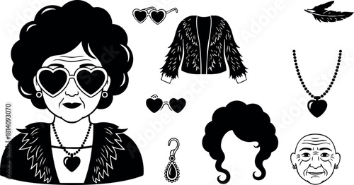 Vintage woman with heart sunglasses and accessories vector illustration retro style fashion icons
