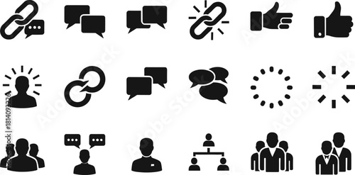 Business communication and teamwork icons vector set with chat bubbles, link connection, loading symbols, people management, leadership and social interaction concepts illustration