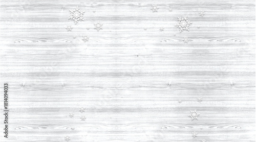 Delicate white snowflakes scattered across a rustic, whitewashed wood grain texture.