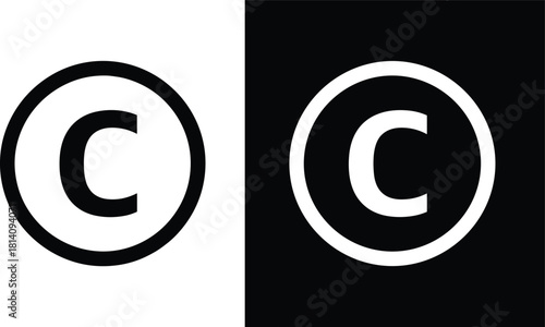 Copyright symbol vector illustration, black and white circle icon design, intellectual property protection mark, legal ownership rights label, branding security graphic