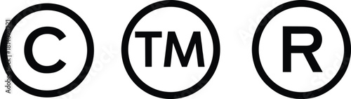 Copyright trademark registered symbols vector illustration, legal protection icon set for branding and intellectual property, clean minimal design, editable black outline graphics