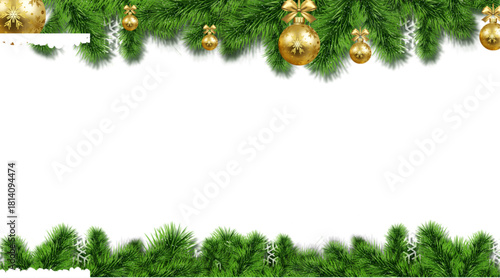 Festive Christmas border of green pine branches decorated with shiny golden baubles and snowflakes.