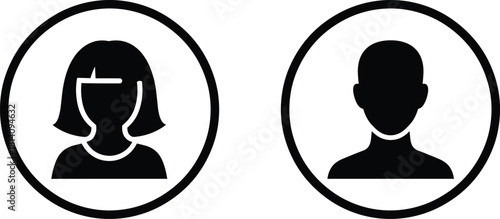 Minimal male and female profile avatar icons inside circular frame, black silhouette user symbols, gender identification vector illustration for interface, websites, app