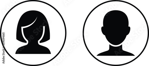 Minimal male and female profile silhouette avatar icons inside circular frame, black solid user symbols vector illustration for interface design, community identification