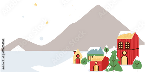 A charming cartoon village with colorful, snow-covered houses nestled in a winter mountain landscape.