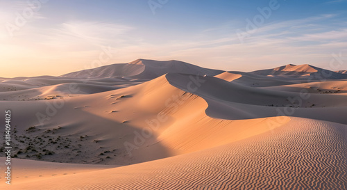 Fototapeta Naklejka Na Ścianę i Meble -  Expansive view of sand dunes under a clear sky at sunset in a desert landscape with ripples and shadows