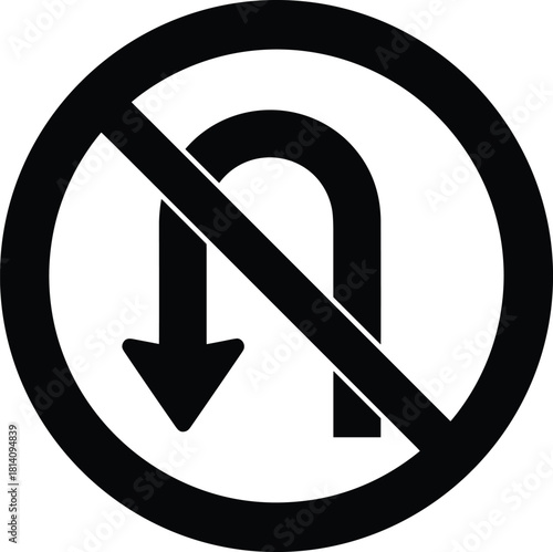 No U-turn prohibited traffic sign vector illustration with bold circular symbol and diagonal line, road safety warning icon for driving rules and transportation regulations