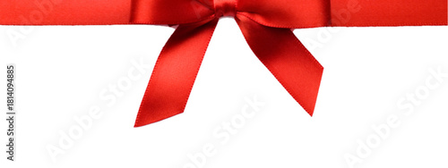 A vibrant red satin ribbon tied in a classic decorative bow with angled tails.