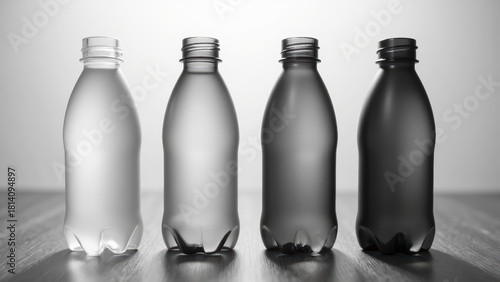Transparent, frosted, matte, and opaque plastic bottles arranged in row, showcasing different finishes and textures