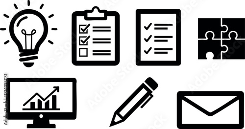 Business concept icons lightbulb checklist document puzzle graph pen envelope vector illustration