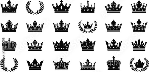 Royal crown silhouette vector collection with laurel wreath elements, luxury king and queen emblem design icons, elegant vintage noble monarchy symbols for branding and decoration