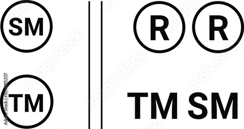 Trademark and service mark registered symbol icons set, clean minimal line style vector signs for branding protection, business identity, legal intellectual property rights
