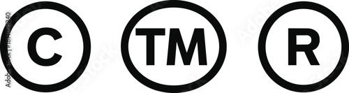 Trademark copyright registered symbols vector illustration, black outline legal protection icons set, intellectual property branding signs, minimal clean design, editable graphic artwork