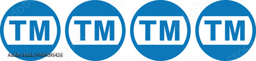 Trademark TM symbol blue circle icon set, legal brand protection label graphic, intellectual property rights sign illustration for corporate identity, registration and copyright design concept, vector