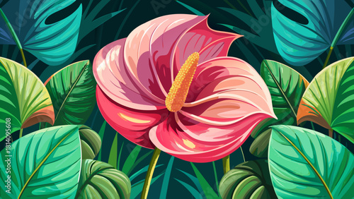 Very beautiful close-up of a purple Anthurium jenmanii flower with lush green leaves in the background, selectively focused on the variegated Anthurium jenmanii plants, highlighting their unique patte