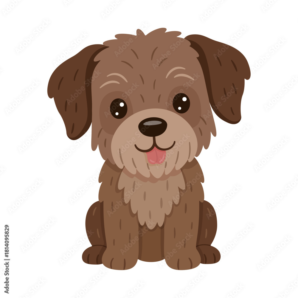 Fototapeta premium Cute brown dog sitting with tongue out. Hand drawn flat style. Slovakian Pointer or Border Terrier, Yorkshire. For kids designs, stickers, pets themes, educational materials, animal graphics.