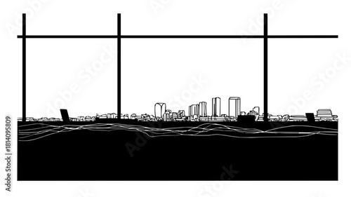 Urban Skyline Silhouette Illustration Depicting Metropolitan Infrastructure, Architectural Horizon Line, and Cityscape Structural Layout for Academic, Design, and Urban Planning Resources