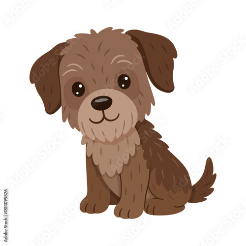 Friendly brown dog sitting sideways. Hand drawn flat style. Slovakian Pointer or Border Terrier, Yorkshire Terrier. For kids designs, stickers, pets themes, educational materials, animal graphics.
