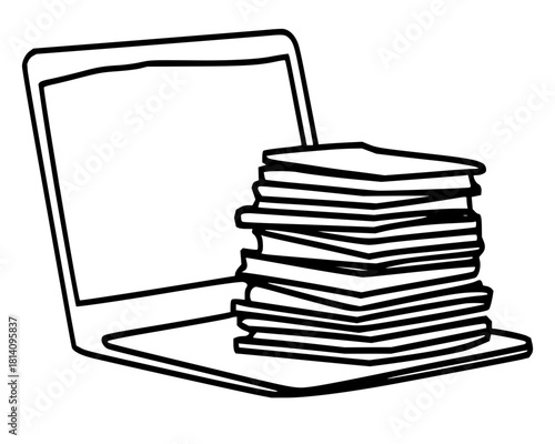 The Weight of Knowledge vector  laptop bearing the burden of endless paperwork symbolizes the challenges of modern information overload and the quest for digital efficiency.