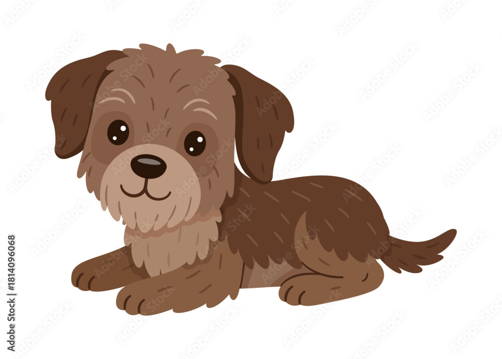Fototapeta premium Cute brown puppy lying down. Simple colorful flat style illustration. Slovakian Pointer or Border Terrier, Yorkshire. For kids designs, stickers, pets themes, educational materials, animal graphics.