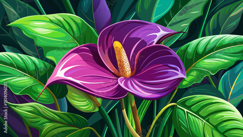 Very beautiful close-up of a purple Anthurium jenmanii flower with lush green leaves in the background, selectively focused on the variegated Anthurium jenmanii plants, highlighting their unique patte