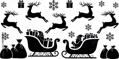 Santa claus sleigh with reindeer gifts snowflakes winter holiday vector illustration black silhouette
