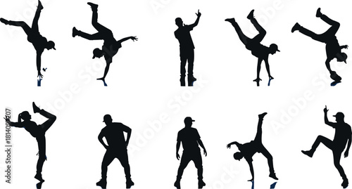 Breakdancer and Hip Hop Dancer Silhouettes Set, Vector Illustration of Male Performers in Dynamic B-Boy Poses, Representing Street Dance and Urban Culture