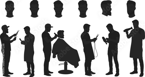 Barber and Head Silhouettes Set with Hairstyles and Tools, Vector Illustration of Male Haircuts, Shaving, and Professional Grooming Service in a Salon