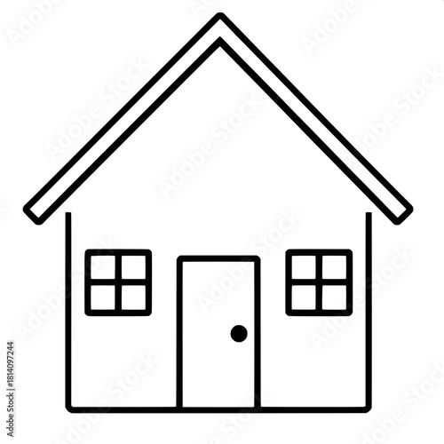 A simple, bold house icon with a gabled roof and minimal architectural detail, featuring a flat facade, illustrated in flat black and white, using crisp lines and basic geometric forms, with a promine