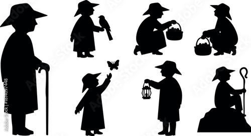 Silhouette vector children playing with lantern and bird walking with cane illustration collection