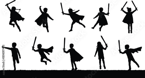 Children Silhouettes Playing Knights and Warriors with Toy Swords, Vector Illustration of Kids in Capes, Engaged in Imaginative Role Play and Outdoor Fun