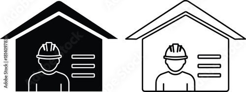 Contractor or construction worker avatar icon inside a house shape with text lines, representing home service information or repair professional profile, vector.