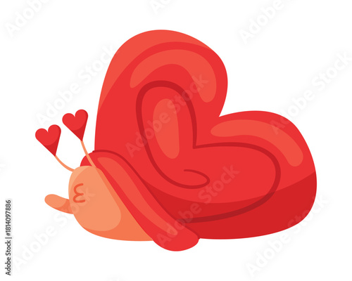 Adorable cartoon snail with a red heart shell and heart antennae, isolated on white vector illustration