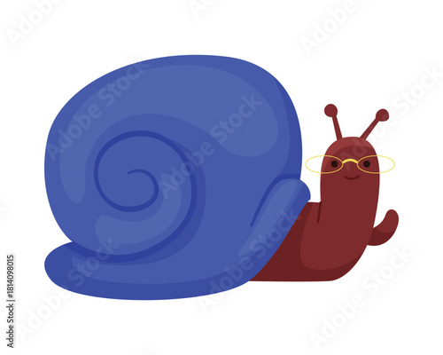 Isolated funny snail character with blue shell and glasses on white background vector illustration