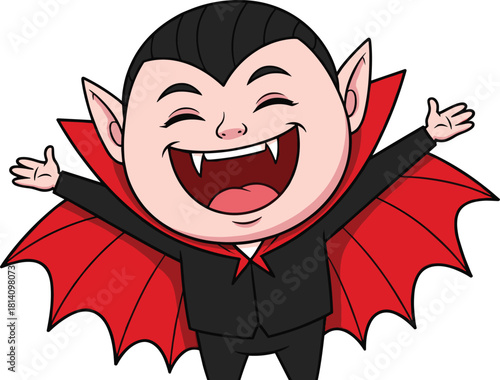 Cute Happy Little Vampire Cartoon Character with Open Arms, Cheerful Boy Wearing Black Suit and Red Cloak for Halloween Fun Mascot