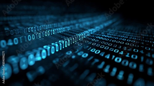 Futuristic data stream animation with glowing binary code for cybersecurity or digital transformation projects, conveying innovation and technology