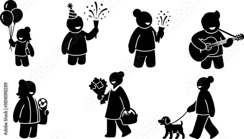 Silhouette people celebrating party with balloons flowers guitar and dog outdoor walking vector illustration