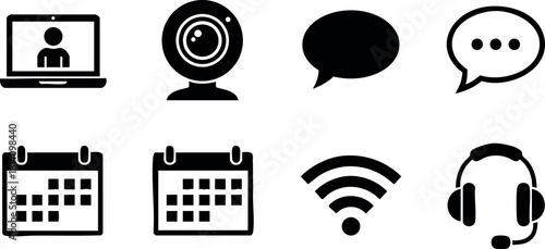 Online communication icons with calendar wifi headset chat symbols in black and white vector illustration