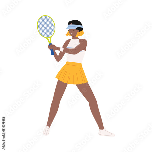 Confident woman tennis athlete in yellow skirt holding racket, isolated on white vector illustration