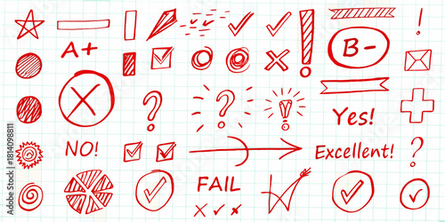 Red hand drawn school grading symbols and marks on grid paper