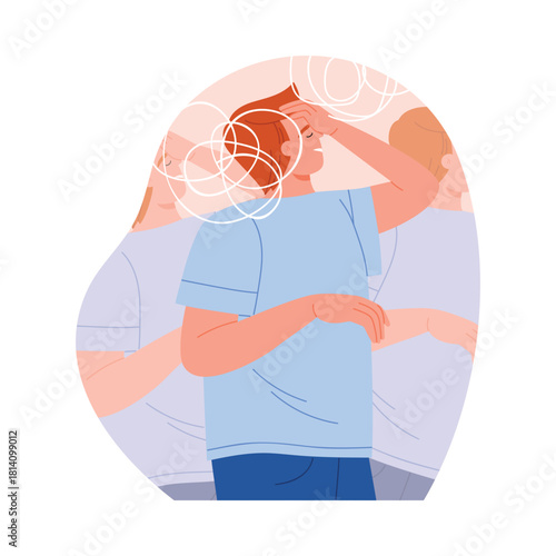 Isolated man holding head with spinning motion lines showing vertigo and dizziness concept vector illustration